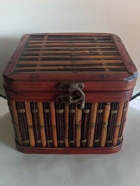 Vintage Brown and Tan Woven Bamboo Storage Chest